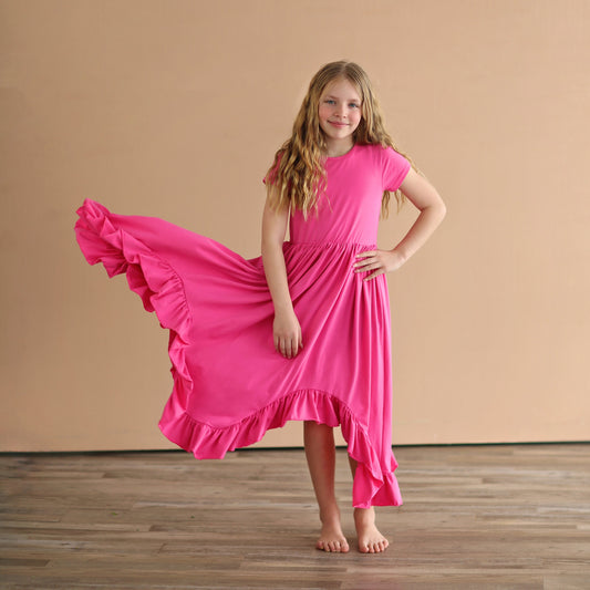 Hot Pink Boho Dress - Long Ruffle Dress - High-low Hem Ruffle Dress - Full Skirt Red Dress - Hot Pink Twirly Dress