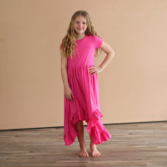 Hot Pink Boho Dress - Long Ruffle Dress - High-low Hem Ruffle Dress - Full Skirt Red Dress - Hot Pink Twirly Dress