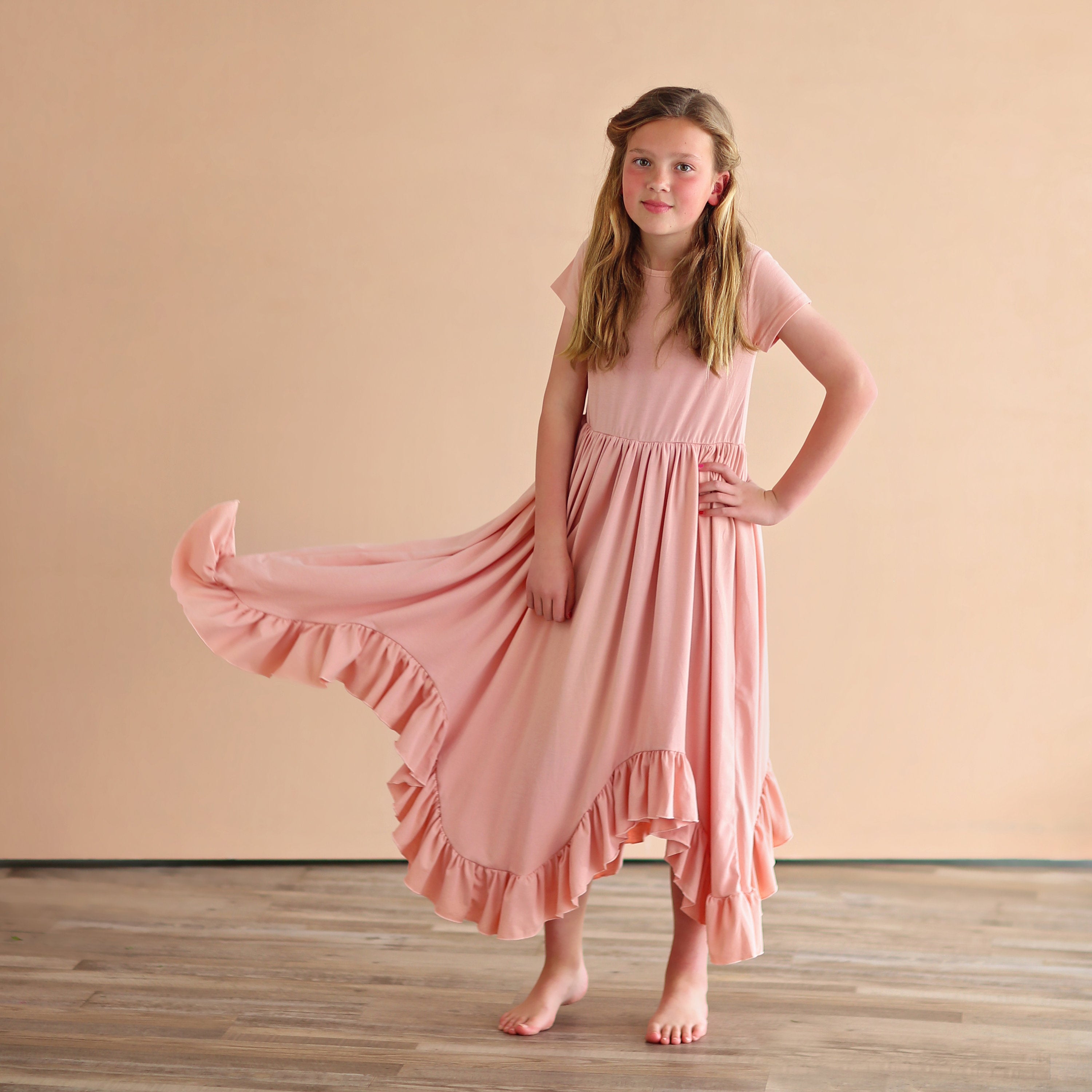 Blush Boho Dress - Long Ruffle Dress - High-low Hem Ruffle Dress - Full Skirt Red Dress - Blush Pink Twirly Dress