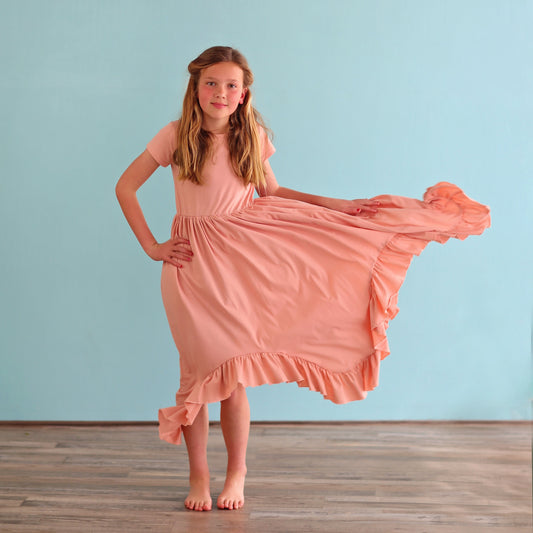 Blush Boho Dress - Long Ruffle Dress - High-low Hem Ruffle Dress - Full Skirt Red Dress - Blush Pink Twirly Dress