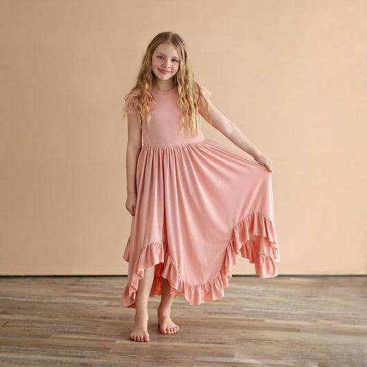 Blush Boho Dress - Long Ruffle Dress - High-low Hem Ruffle Dress - Full Skirt Red Dress - Blush Pink Twirly Dress