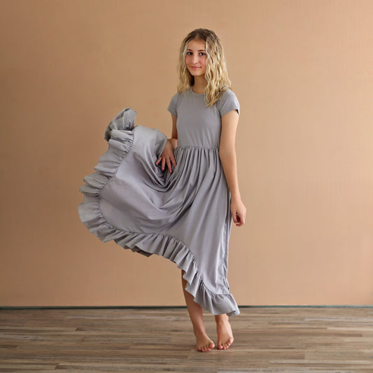 Gray Boho Dress - Long Ruffle Dress - High-low Hem Ruffle Dress - Full Skirt Red Dress - Gray Twirly Dress