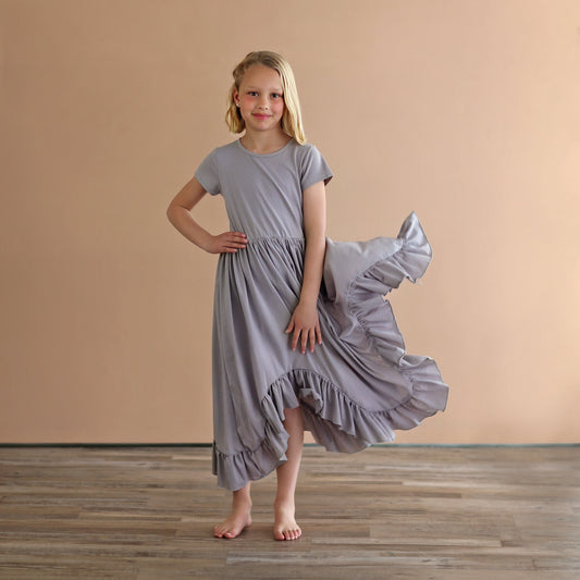 Gray Boho Dress - Long Ruffle Dress - High-low Hem Ruffle Dress - Full Skirt Red Dress - Gray Twirly Dress