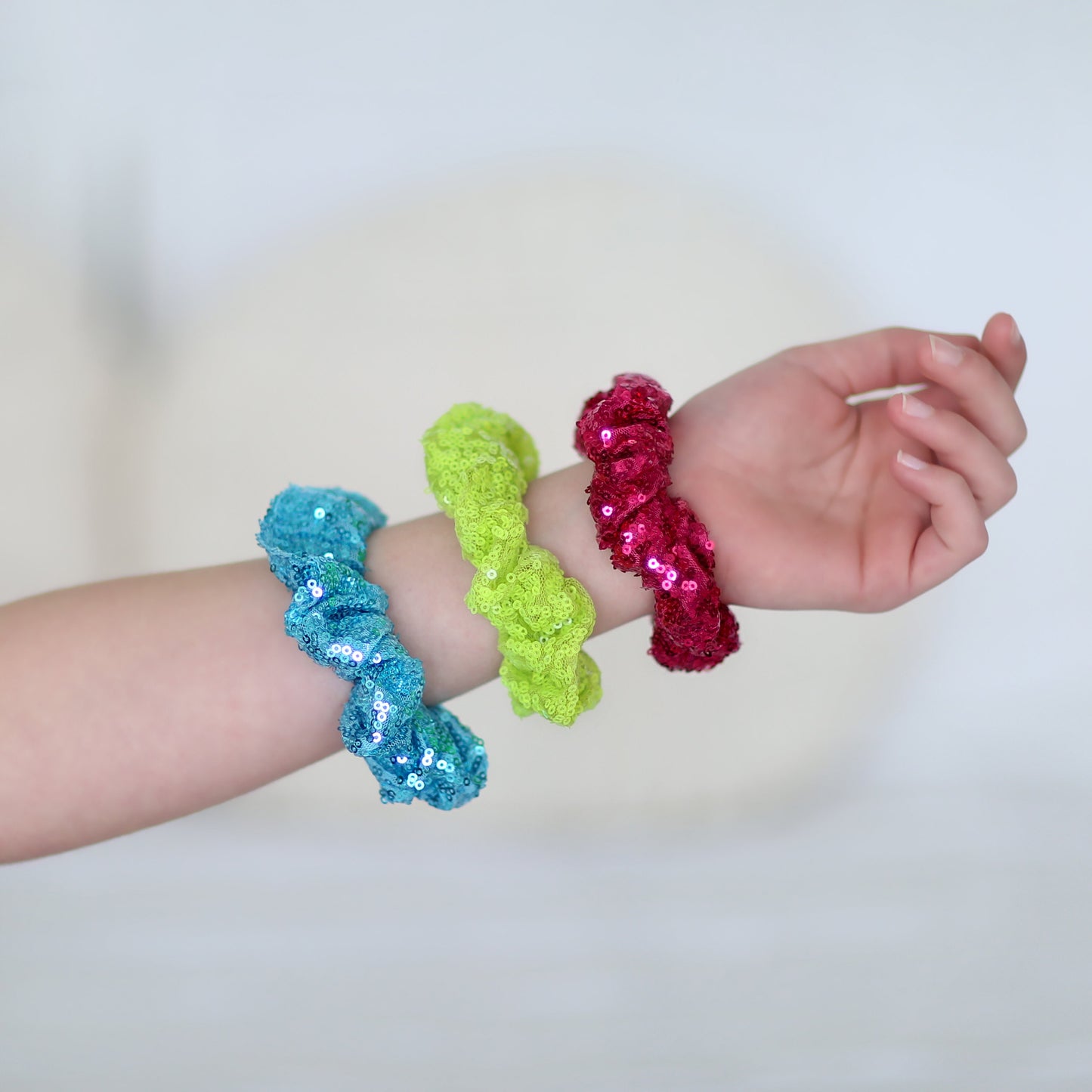 3 Sequin Hair Scrunchies - Scrunchie Set - Turquoise, Lime and Hot Pink Scrunchie set