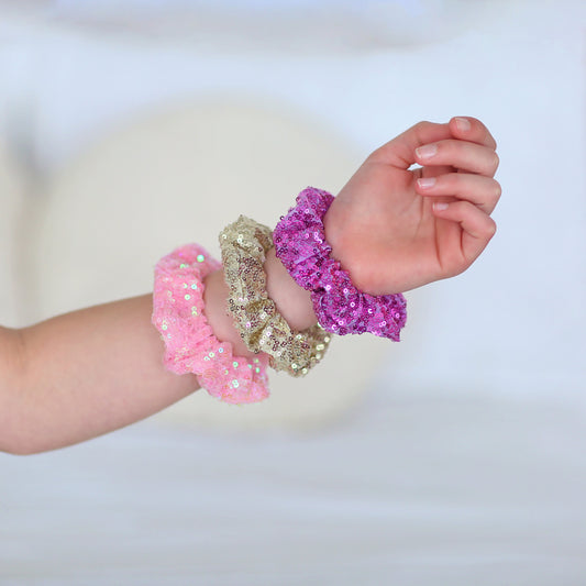 3 Sequin Hair Scrunchies - Scrunchie Set - Pink, Gold and Orchid Scrunchie set