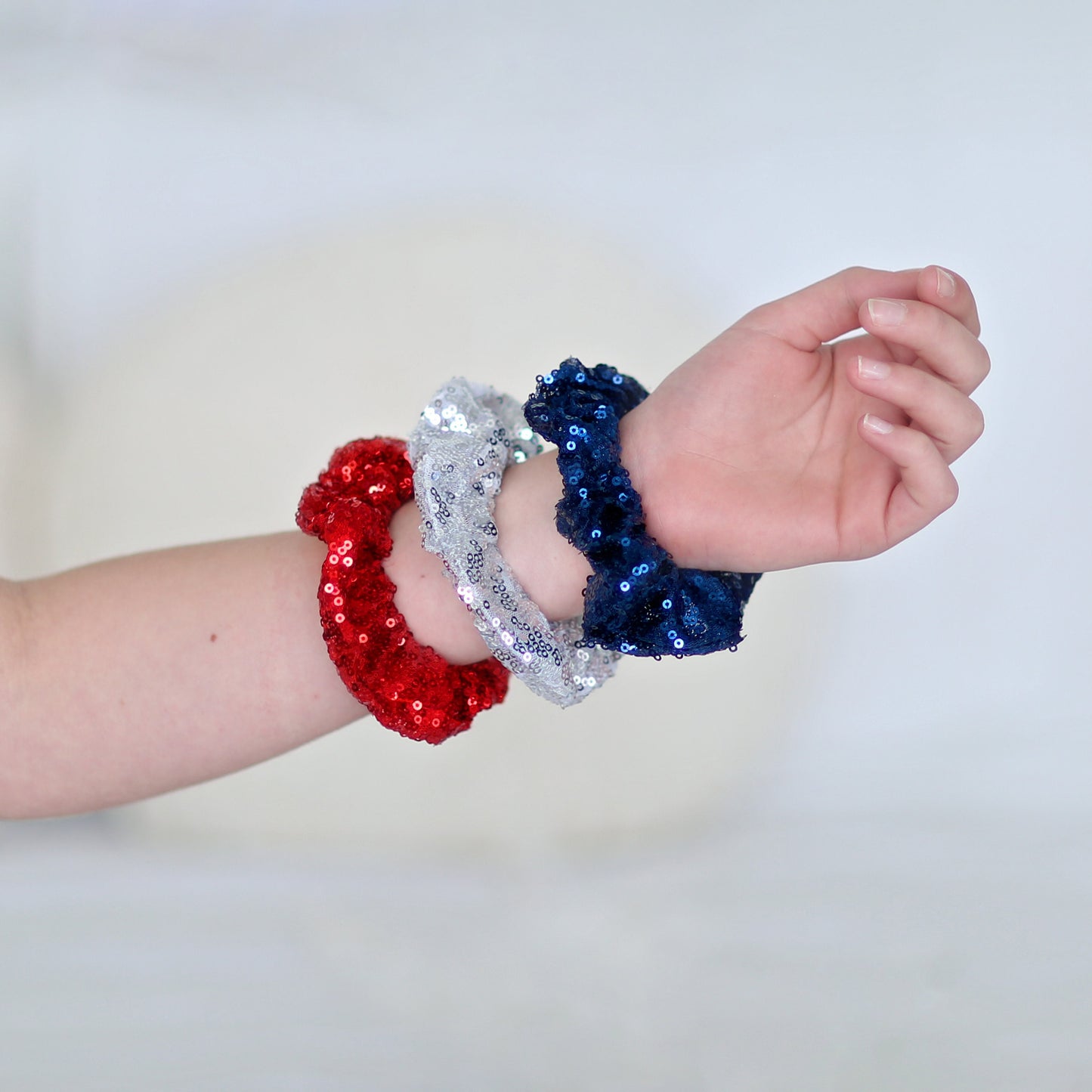 3 Sequin Hair Scrunchies - Scrunchie Set - Red, Silver and Navy Scrunchie set