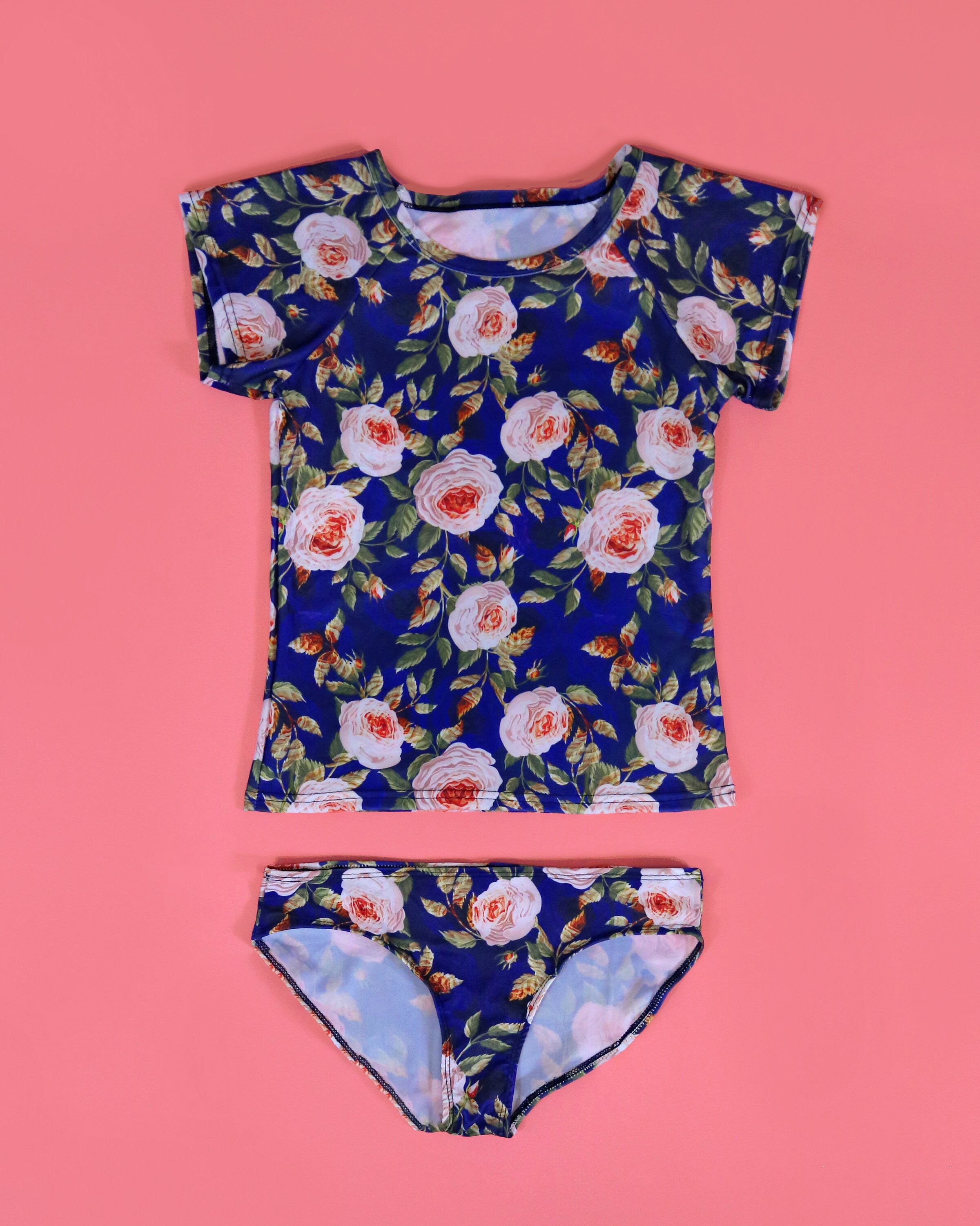 Blue and Peach Roses Swimsuit - Rash Guard Swim Suit - Shirt Swim