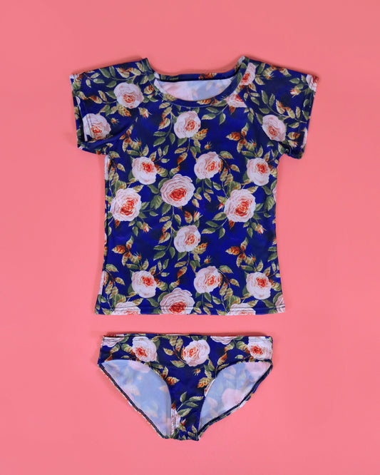 Blue and Peach Roses Swimsuit - Rash Guard Swim Suit - Shirt Swim Suit - Floral Bathing Suit