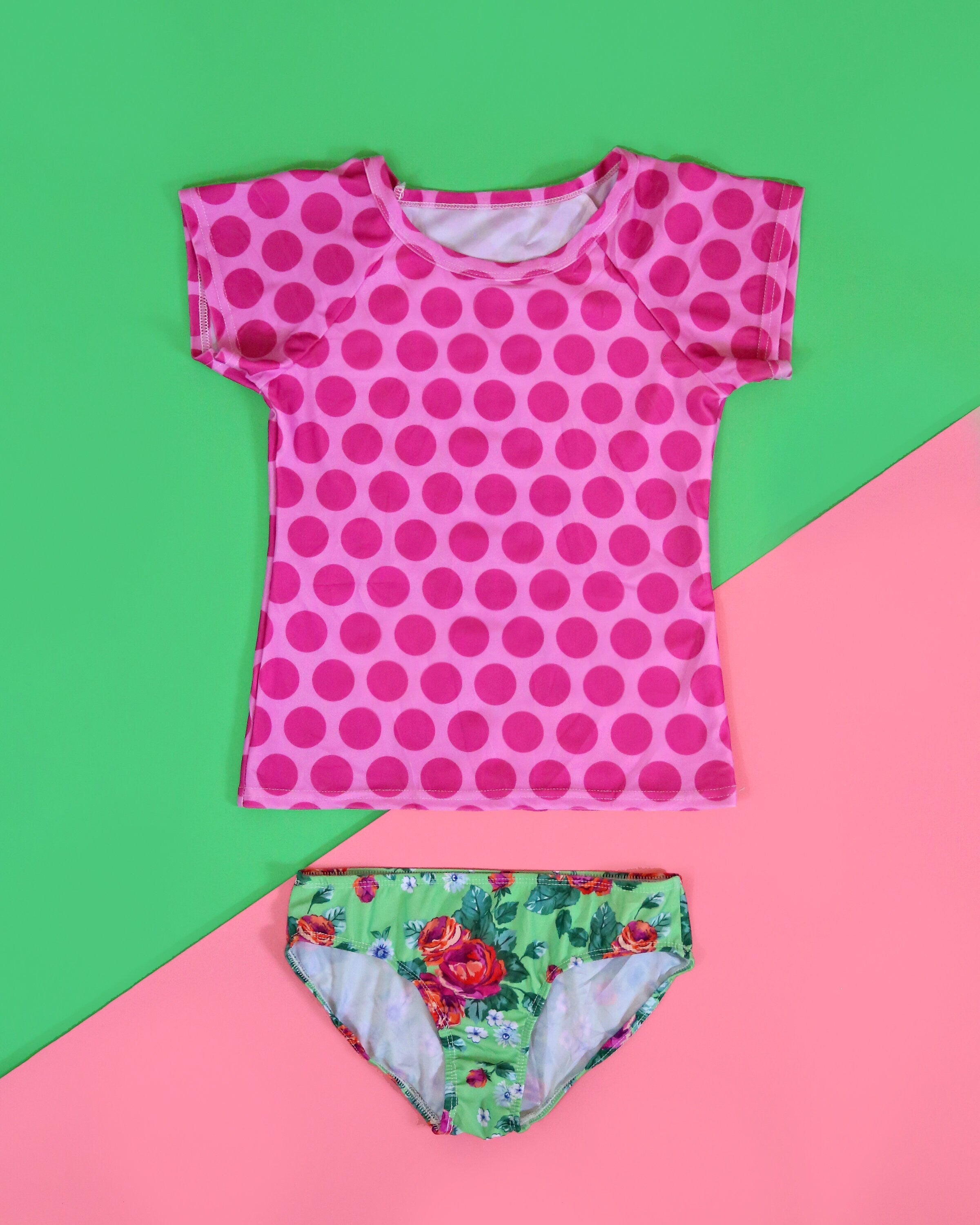 Pink Polka Dot Floral Swimsuit - Rash Guard Swim Suit - Shirt Swim Suit - Floral Bathing Suit