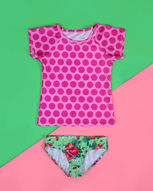 Pink Polka Dot Floral Swimsuit - Rash Guard Swim Suit - Shirt Swim Suit - Floral Bathing Suit