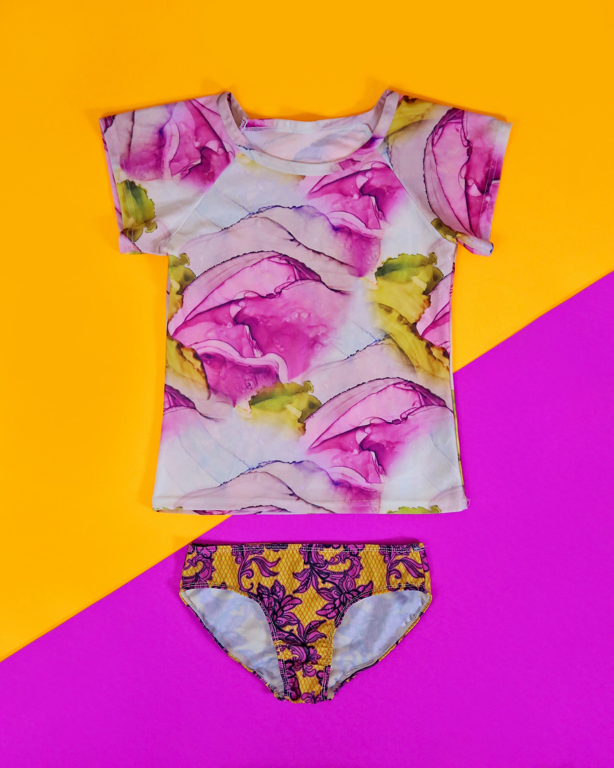Pink and Yellow Marble Swimsuit - Rash Guard Swim Suit - Shirt Swim Suit - Marble Bathing Suit