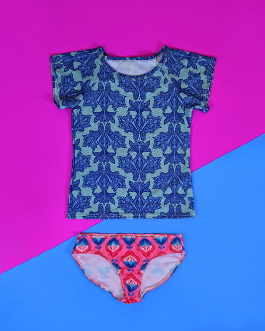 Blue and Pink Lace Swimsuit - Rash Guard Swim Suit - Shirt Swim Suit - Lace Bathing Suit