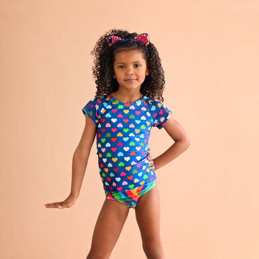 Blue and Rainbow Heart Swimsuit - Rash Guard Swim Suit - Shirt Swim Suit - Heart Bathing Suit