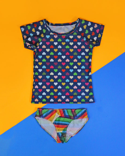 Blue and Rainbow Heart Swimsuit - Rash Guard Swim Suit - Shirt Swim Suit - Heart Bathing Suit