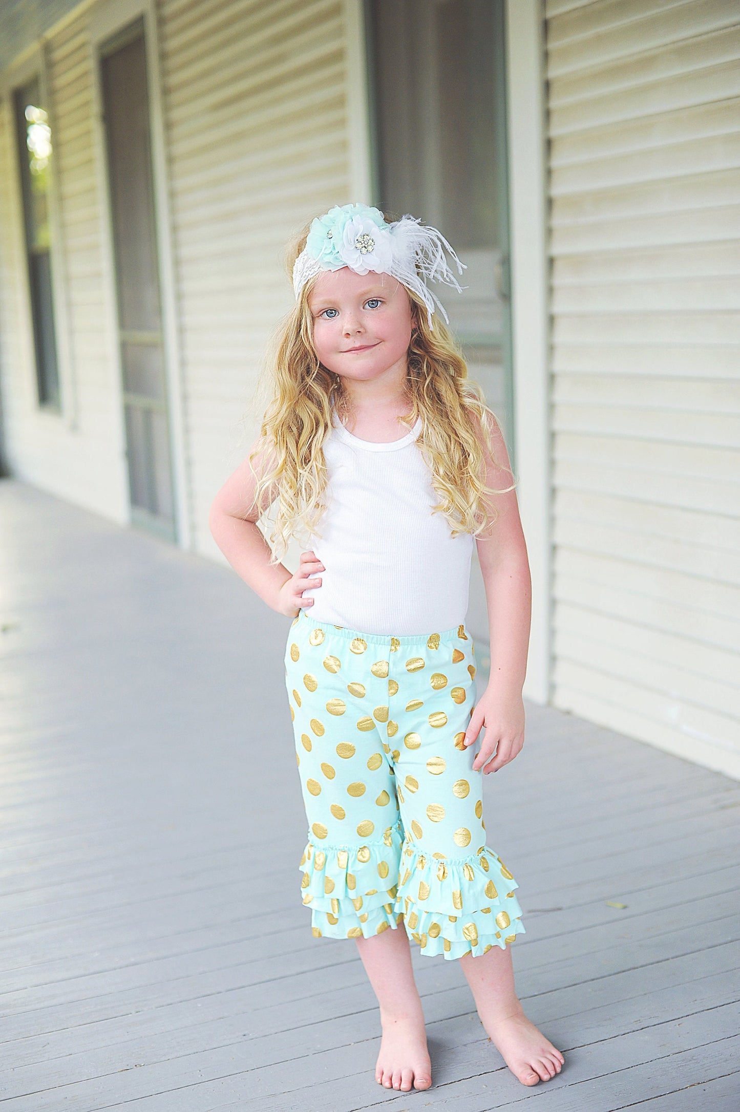 Ruffled Polka Dot Pants in Aqua