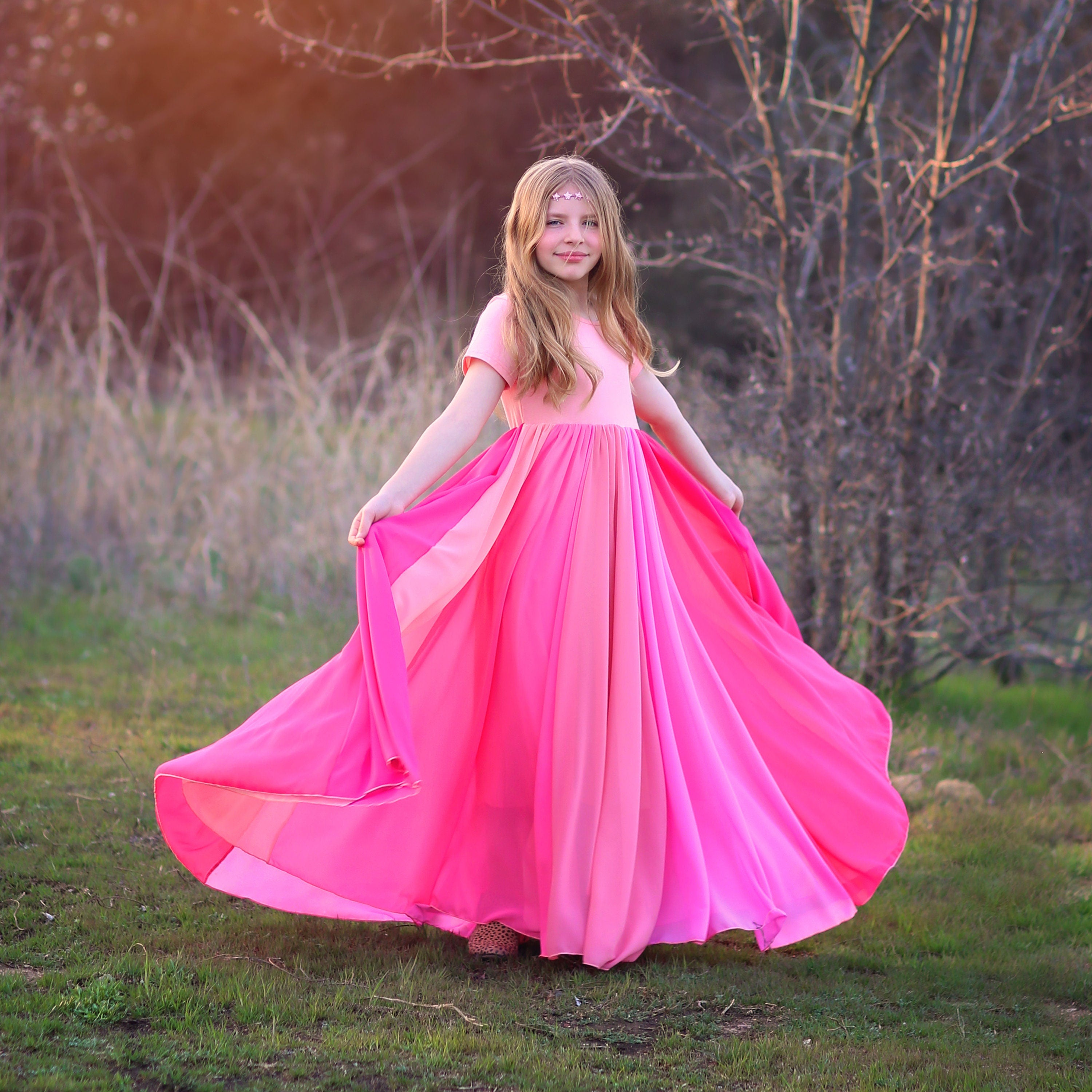 Shades of Pink Full Skirt Dress -Long Pink Dress -Pink Dress, Girls Bi –  Whitney Elizabeth