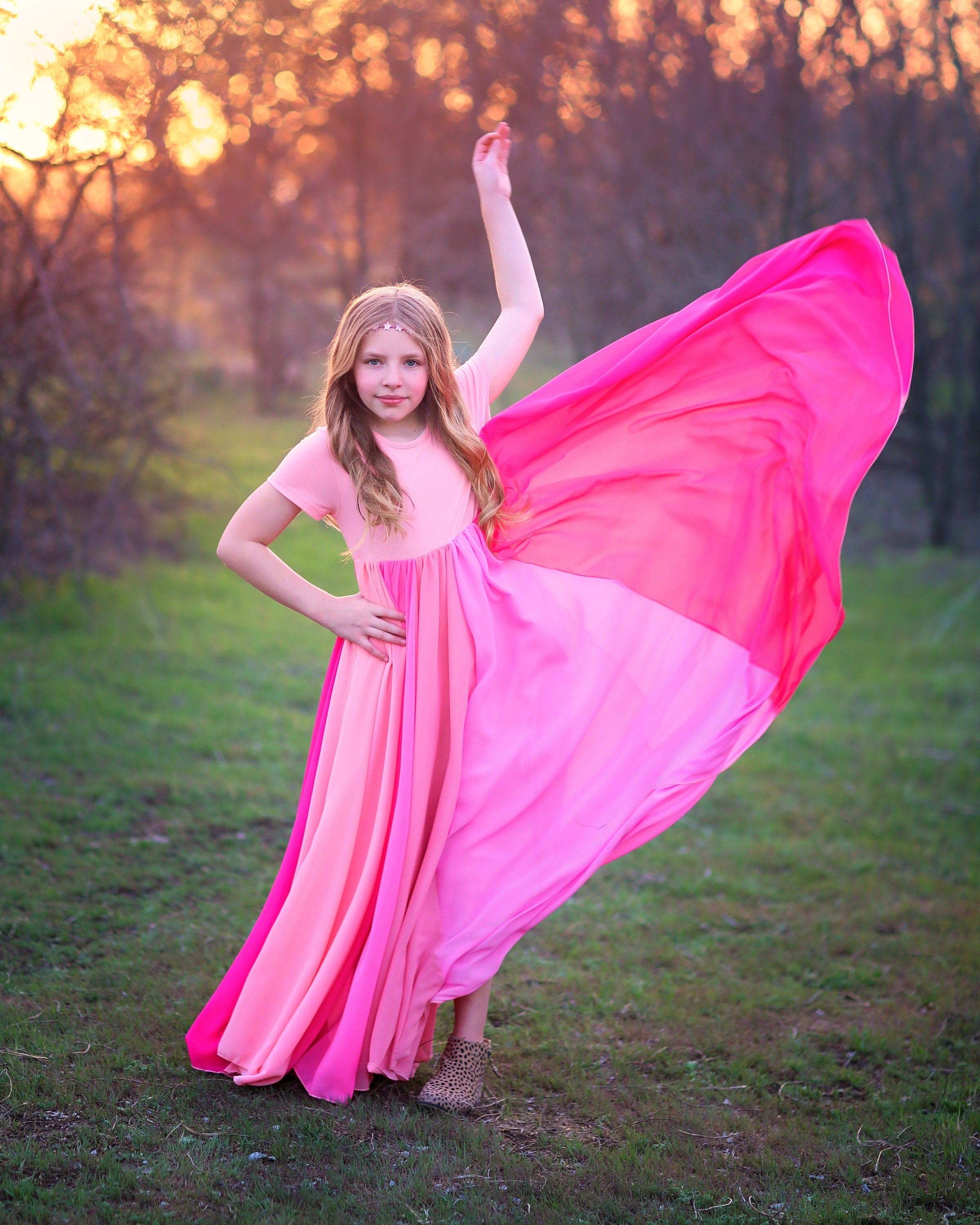 Shades of Pink Full Skirt Dress -Long Pink Dress -Pink Dress, Girls Bi Shades of Pink Full Skirt Dress -Long Pink Dress -Pink Dress, Girls Bi