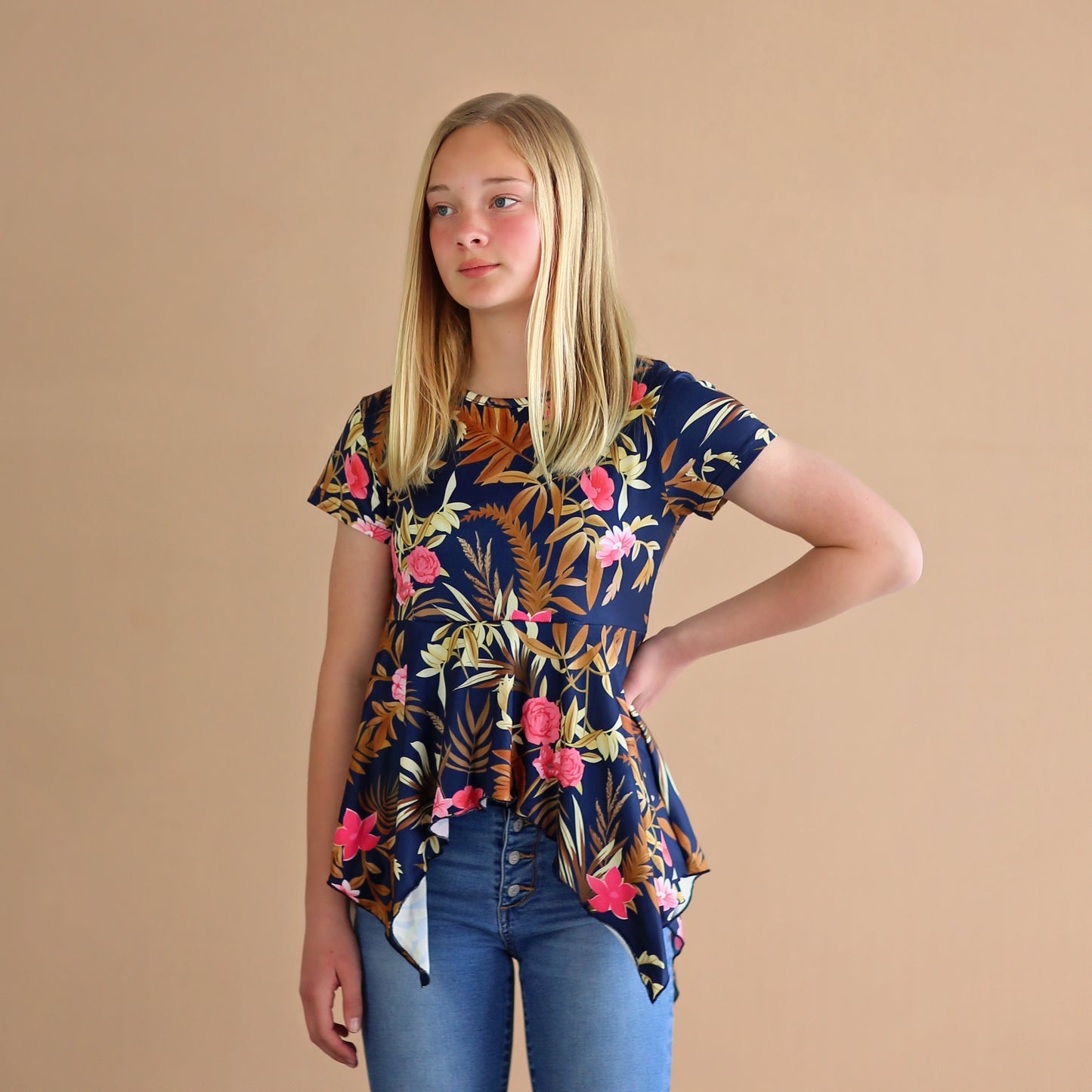 Navy Flower Boho Shirt - Navy High Low Shirt - Navy Flower Shirt - Navy Tunic Shirt