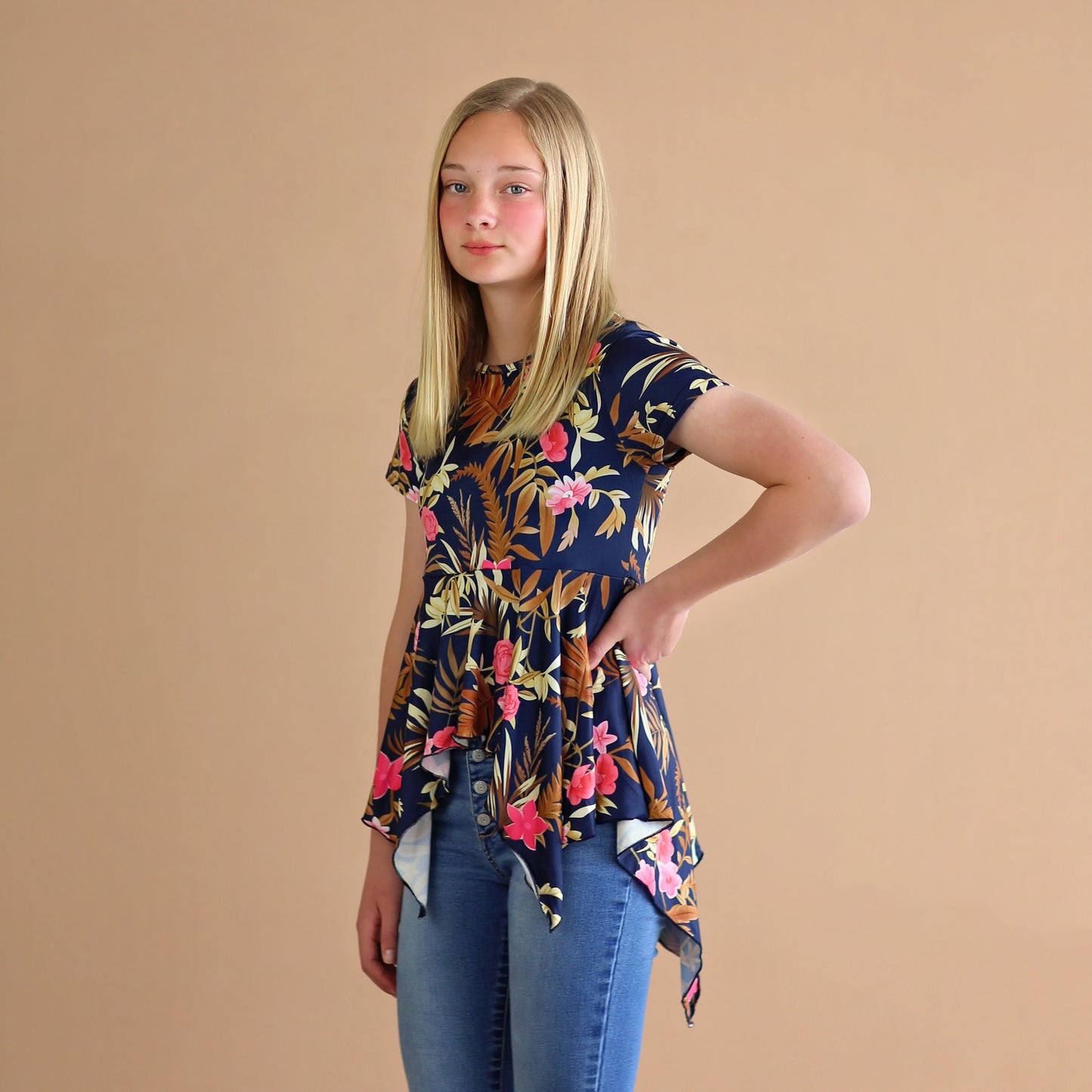 Navy Flower Boho Shirt - Navy High Low Shirt - Navy Flower Shirt - Navy Tunic Shirt