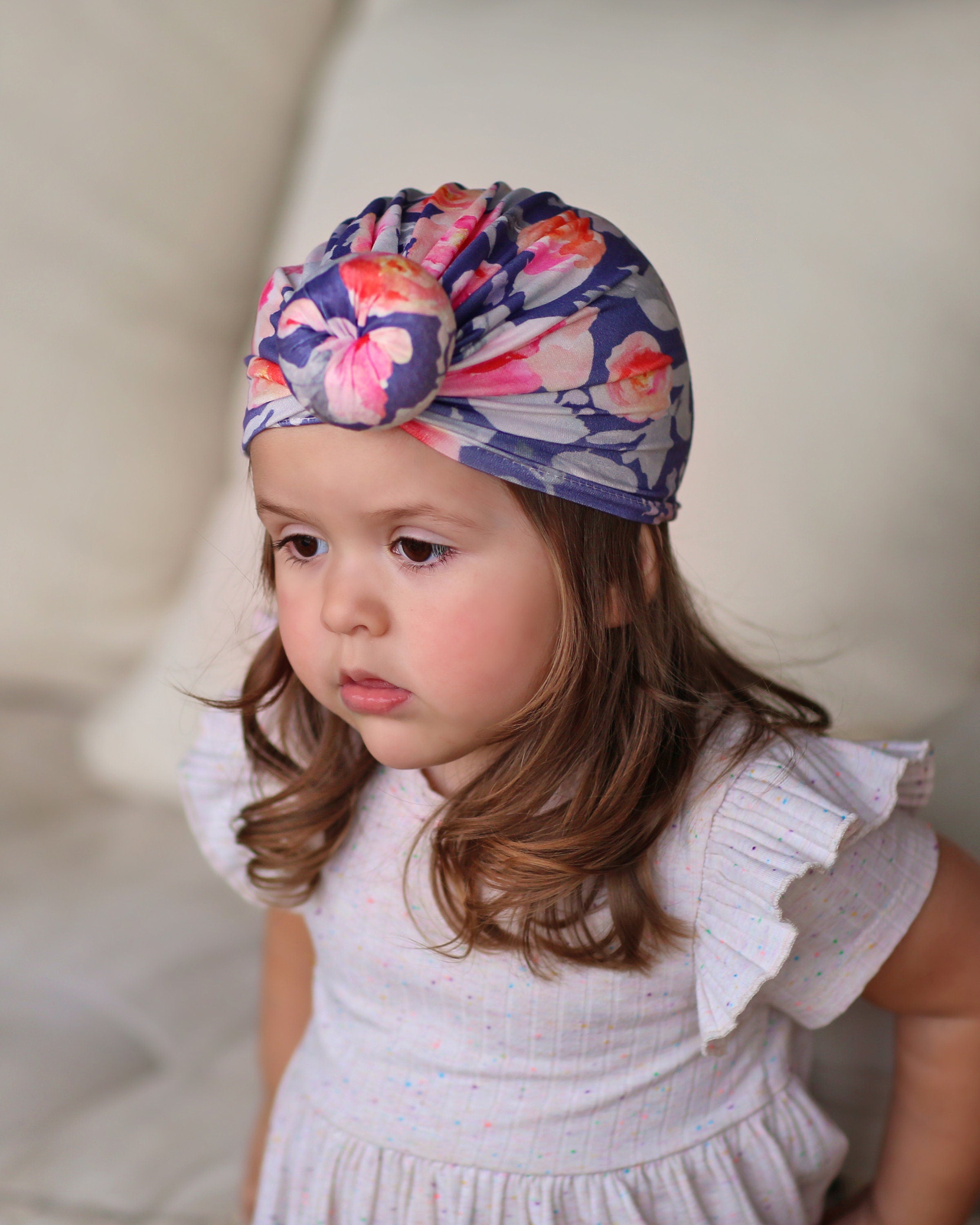 Gray and Pink Roses Turban - Baby Turban - Toddler Turban - Floral Turban - Baby knot turban - Baby Head Wrap - Knot Turban