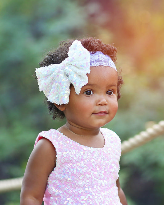 White Sequin Bow on Lace Headband - Lilac Lace with White Sequin Headband