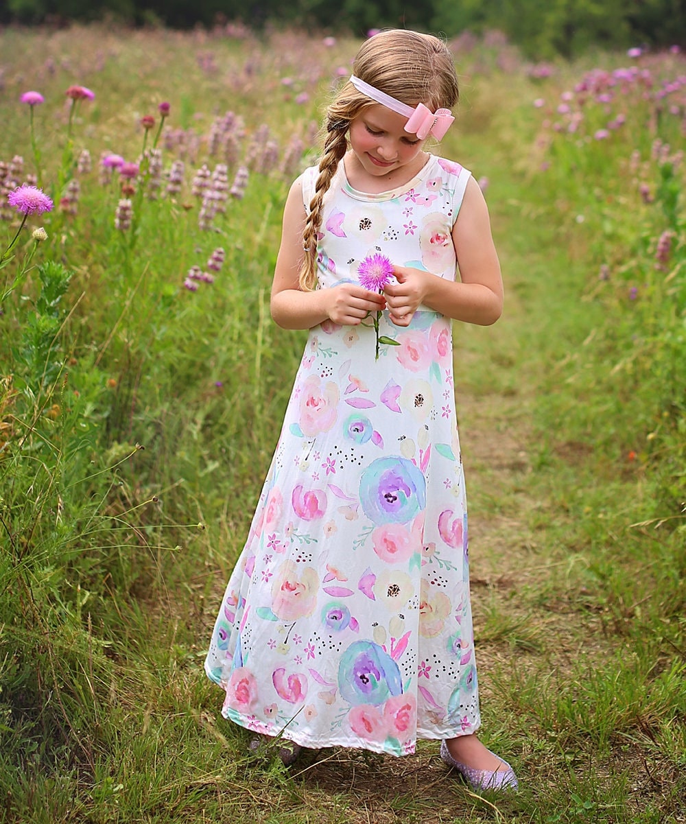 Girls Pastel Flowers Maxi Dress - Maxi Dress - Flower Maxi Dress - Girls Dress -Back to School Dress - Pink and Blue Maxi Dress, Sleeveless
