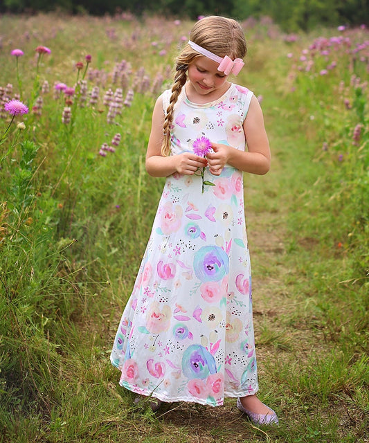 Girls Pastel Flowers Maxi Dress - Maxi Dress - Flower Maxi Dress - Girls Dress -Back to School Dress - Pink and Blue Maxi Dress, Sleeveless