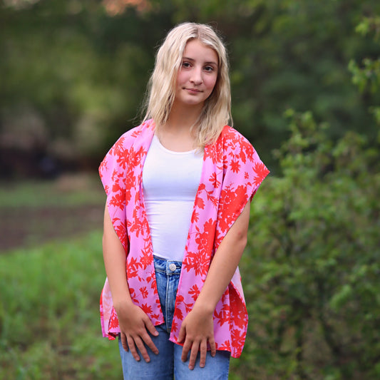 Pink and Red Floral Kimono - kimono, open flower shirt, boho kimono, kimono shirt, girls kimono, jacket, cardigan, beach cover up, layers