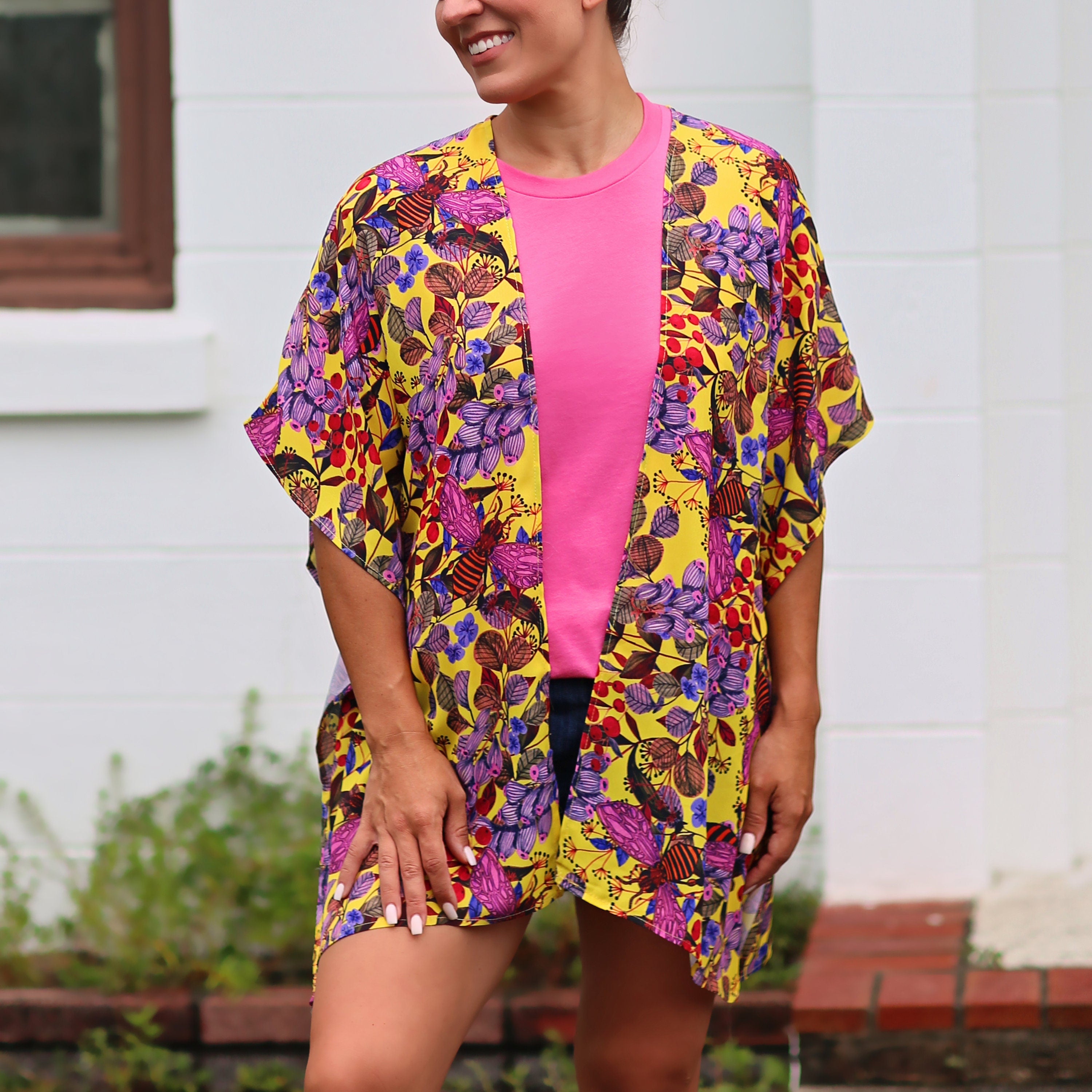 Yellow, Pink, Lavender Floral Kimono- kimono, open flower shirt, boho kimono, kimono shirt, girls kimono, jacket, cardigan, beach cover up