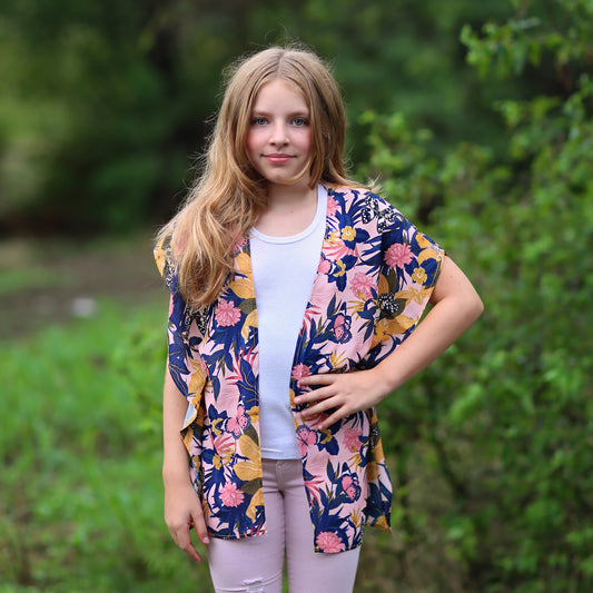 Pink and Navy Butterfly Kimono- kimono, open flower shirt, boho kimono, kimono shirt, girls kimono, jacket, cardigan, beach cover up, shirt