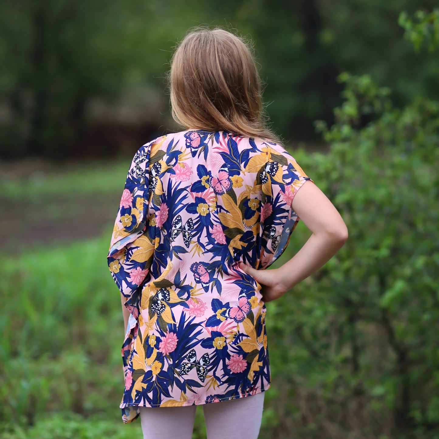 Pink and Navy Butterfly Kimono- kimono, open flower shirt, boho kimono, kimono shirt, girls kimono, jacket, cardigan, beach cover up, shirt