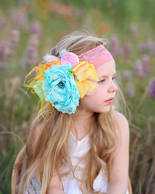 Aqua, Pink Yellow Large Flower Feather Headband- Floral Lace Headband, Flower Crown, Floral, Headpiece, Boho Headband, Boho Flower Crown