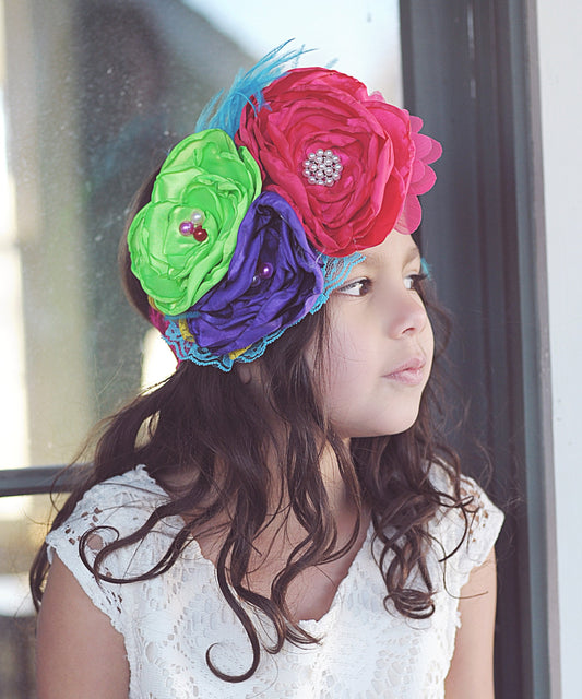 Lime, Purple, Hot Pink Large Flower Feather Headband- Floral Lace Bow, Flower Crown, Floral, Headpiece, Boho Headband, Boho Flower Crown