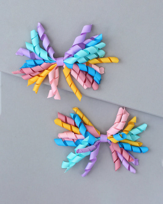Pair of Pastel Curly Ribbon Hair Clips- hair bows, school hair bows, curly ribbon, rainbow bows, pair of bows, hair clips, hair ribbon, bow
