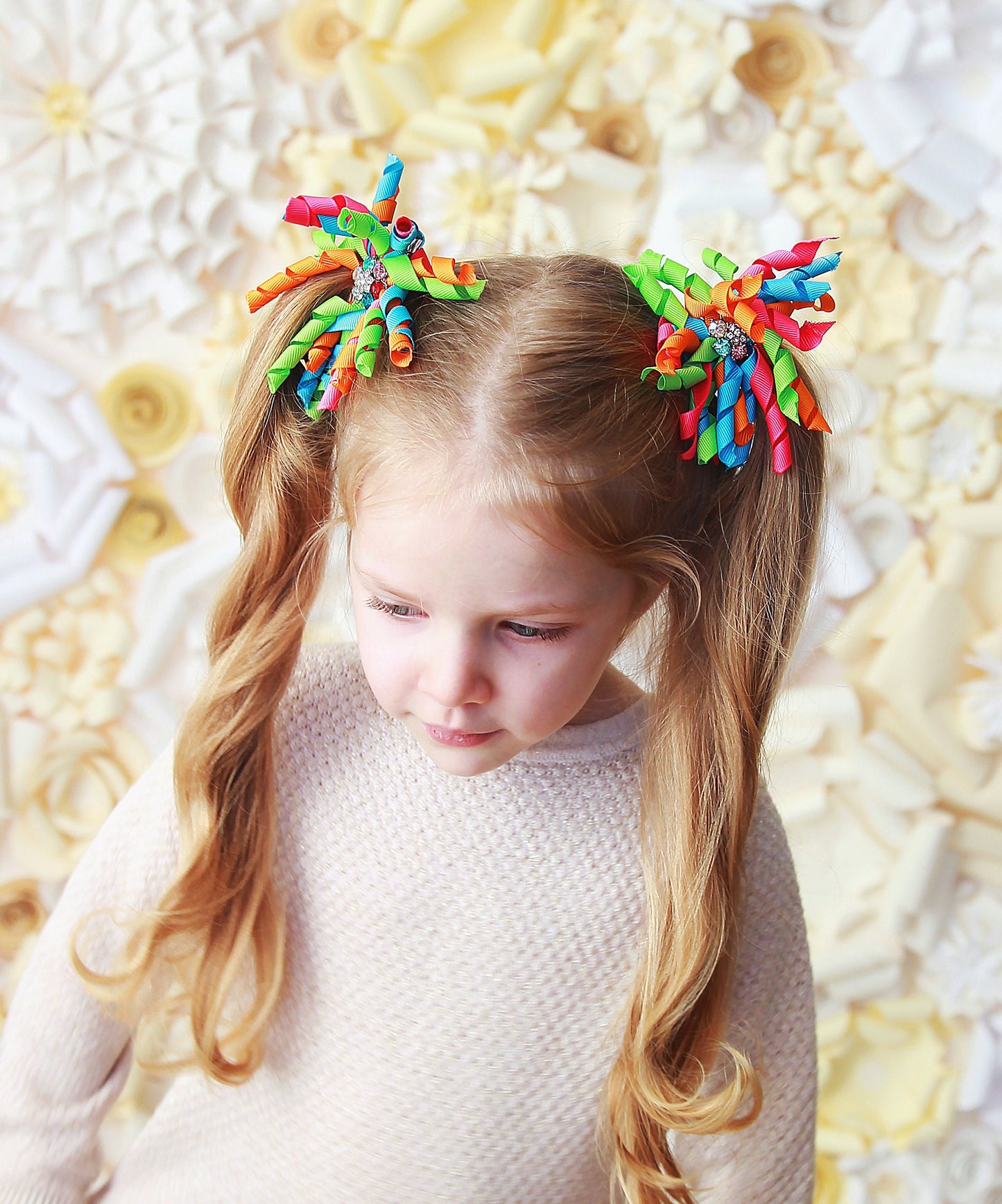 Pair of Rainbow Curly Ribbon Hair Clips- hair bows, school hair bows, curly ribbon, rainbow bows, pair of bows, hair clips, hair ribbon, bow