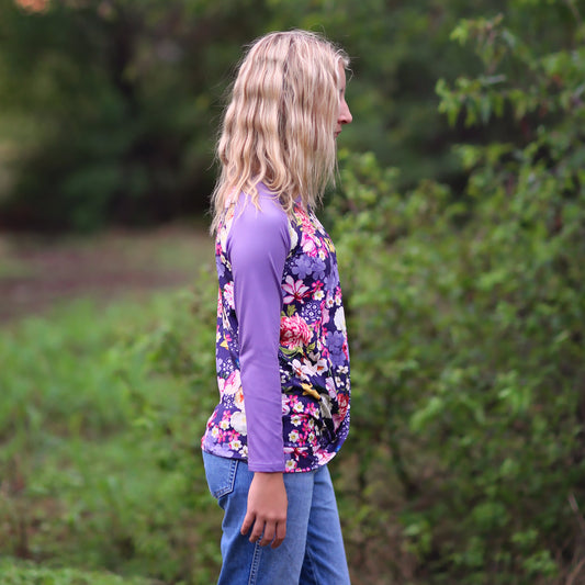 Girls Purple Roses Raglan Shirt - baseball tee, floral shirt, roses, flowers, henley, raglan shirt, gift for her, girl birthday gift, flower