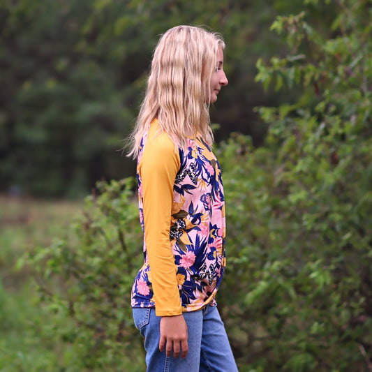 Girls Yellow an Navy Raglan Shirt - baseball tee, floral shirt, roses, flowers, henley tee, raglan shirt, gift for her, girl birthday gift