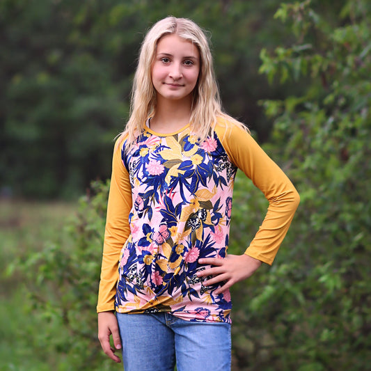 Girls Yellow an Navy Raglan Shirt - baseball tee, floral shirt, roses, flowers, henley tee, raglan shirt, gift for her, girl birthday gift