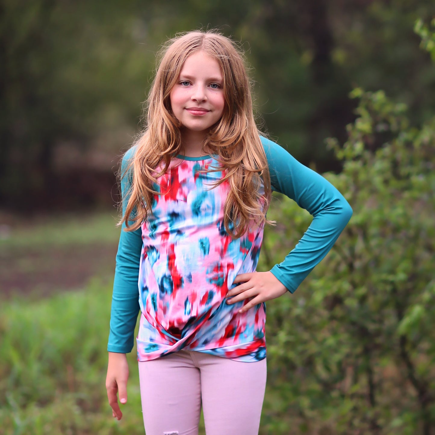 Girls Aqua, Red and Pink Blurred Floral Raglan Shirt - baseball tee, floral shirt, roses, flowers, henley shirt, raglan shirt, gift for her