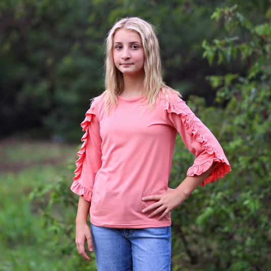 Girls Coral Ruffled Sleeve Shirt - coral shirt, pink shirt, ruffled shirt, girls shirt, school shirt, gift for her, 3/4 sleeve ruffled shirt