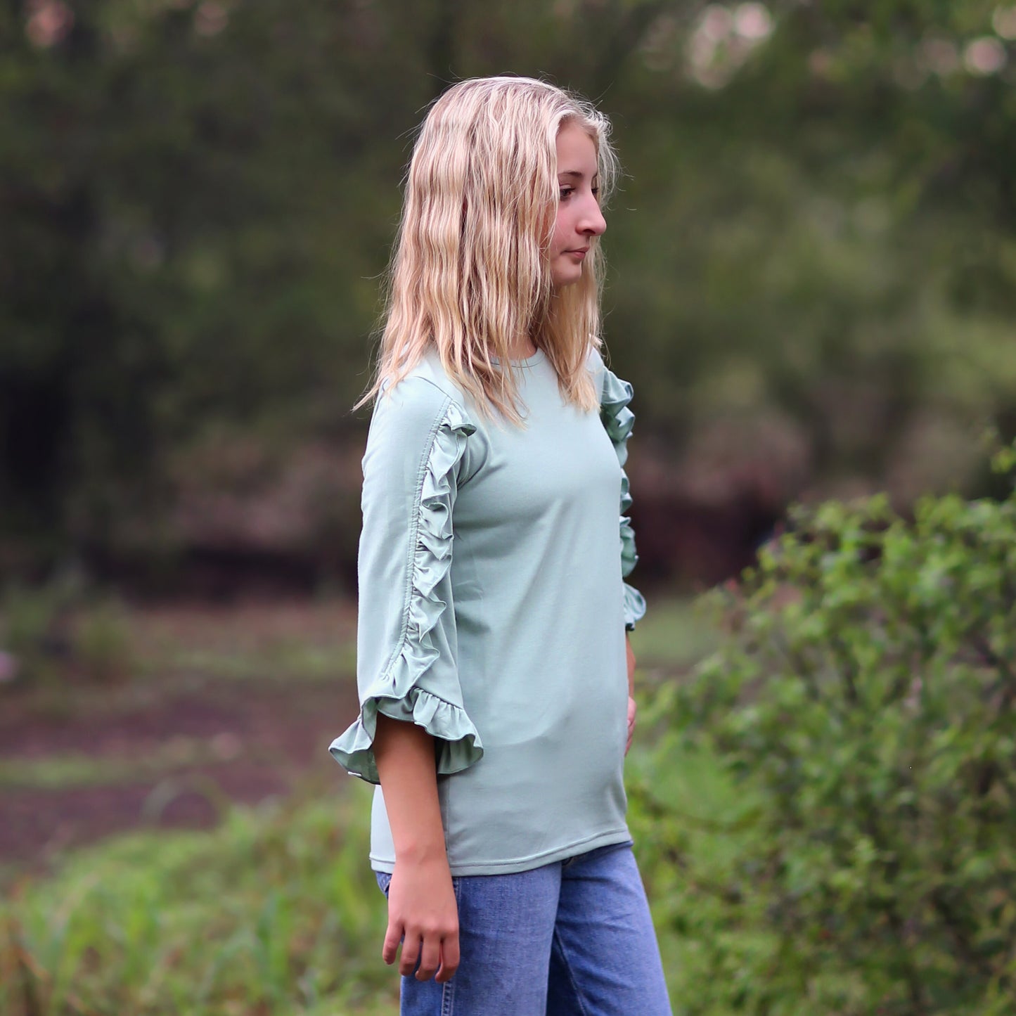 Girls Mint Ruffled Sleeve Shirt - sage shirt, green shirt, ruffled shirt, girls shirt, school shirt, gift for her, 3/4 sleeve ruffled shirt