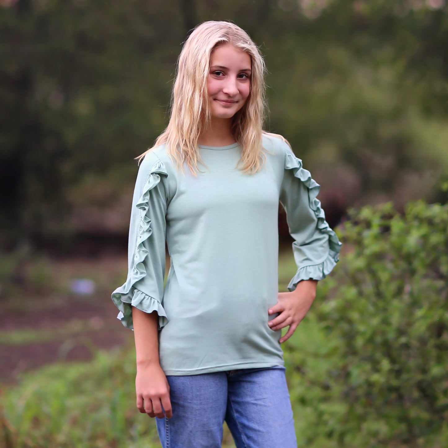 Girls Mint Ruffled Sleeve Shirt - sage shirt, green shirt, ruffled shirt, girls shirt, school shirt, gift for her, 3/4 sleeve ruffled shirt