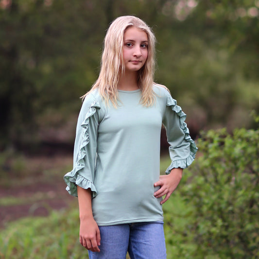 Girls Mint Ruffled Sleeve Shirt - sage shirt, green shirt, ruffled shirt, girls shirt, school shirt, gift for her, 3/4 sleeve ruffled shirt