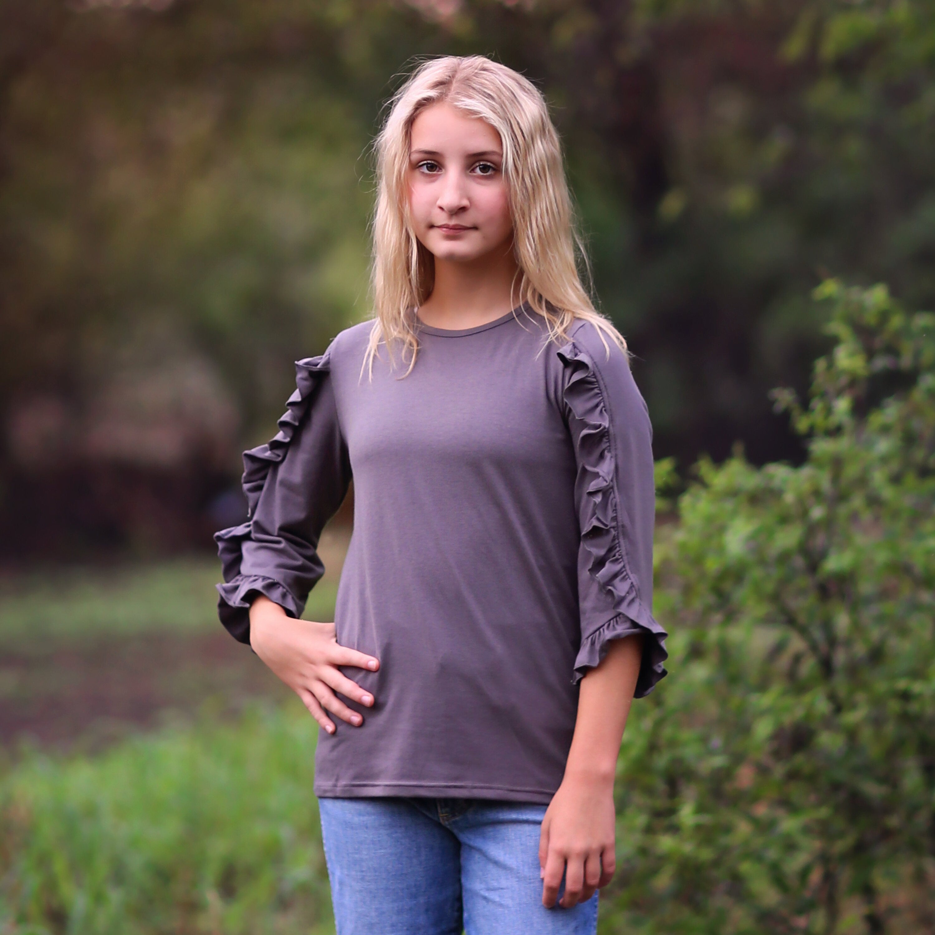 Girls Charcoal Gray Ruffled Sleeve Shirt - gray shirt, ruffled shirt, girls shirt, school shirt, gift for her tee, 3/4 sleeve ruffled shirt