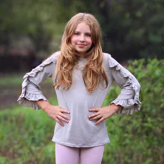 Girls Light Gray Ruffled Sleeve Shirt - lt gray shirt, ruffled shirt, girls shirt, school shirt, gift for her tee, 3/4 sleeve ruffled shirt