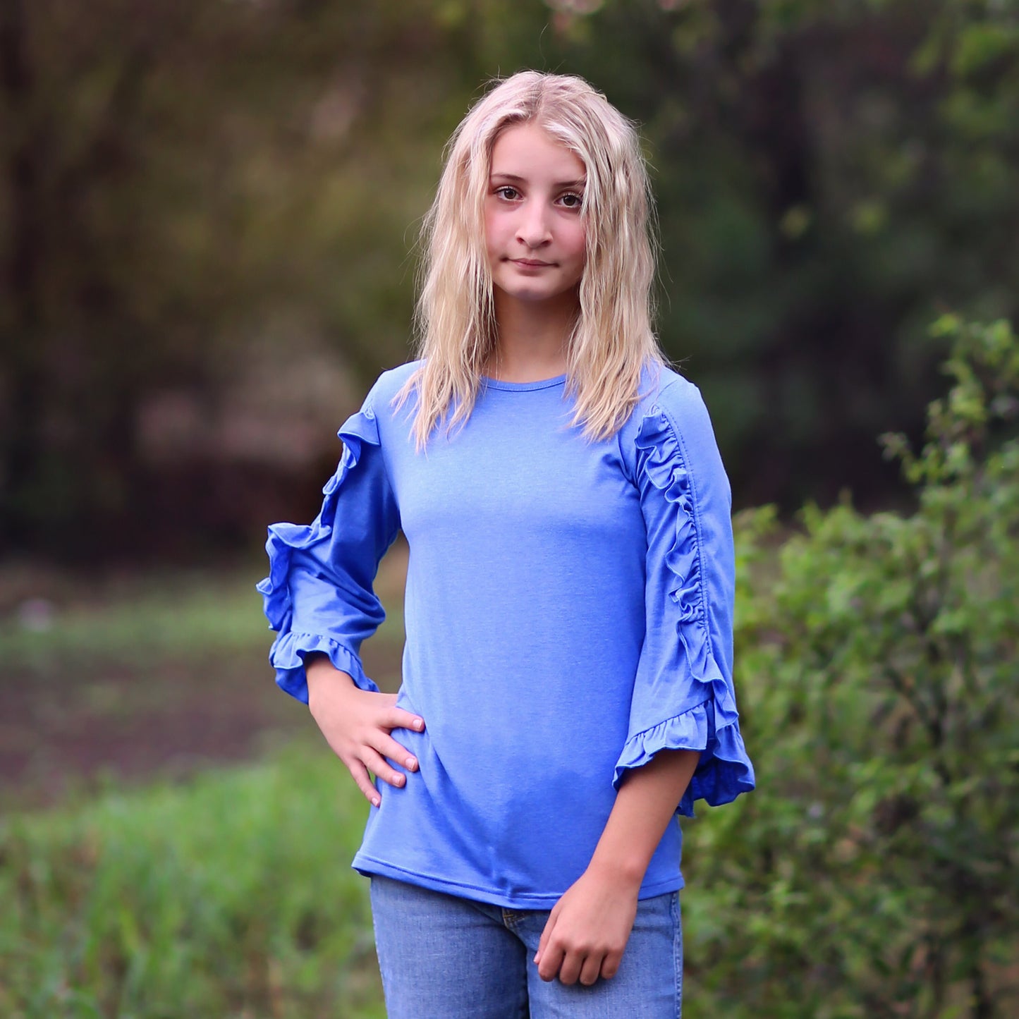 Girls Periwinkle Ruffled Sleeve Shirt - blue shirt, ruffled shirt, girls shirt, school shirt, gift for her tee, 3/4 sleeve ruffled shirt