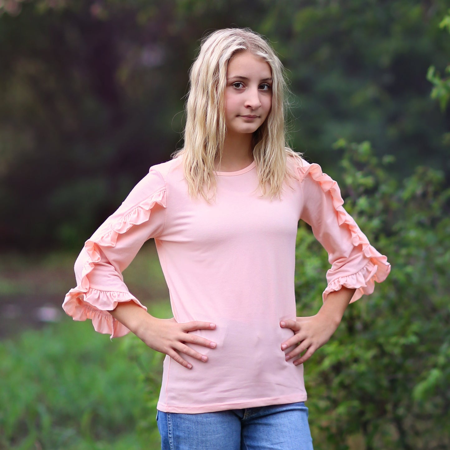 Girls Blush Ruffled Sleeve Shirt - blush shirt, pink shirt, ruffled shirt, girls shirt, school shirt, gift for her, 3/4 sleeve ruffled shirt