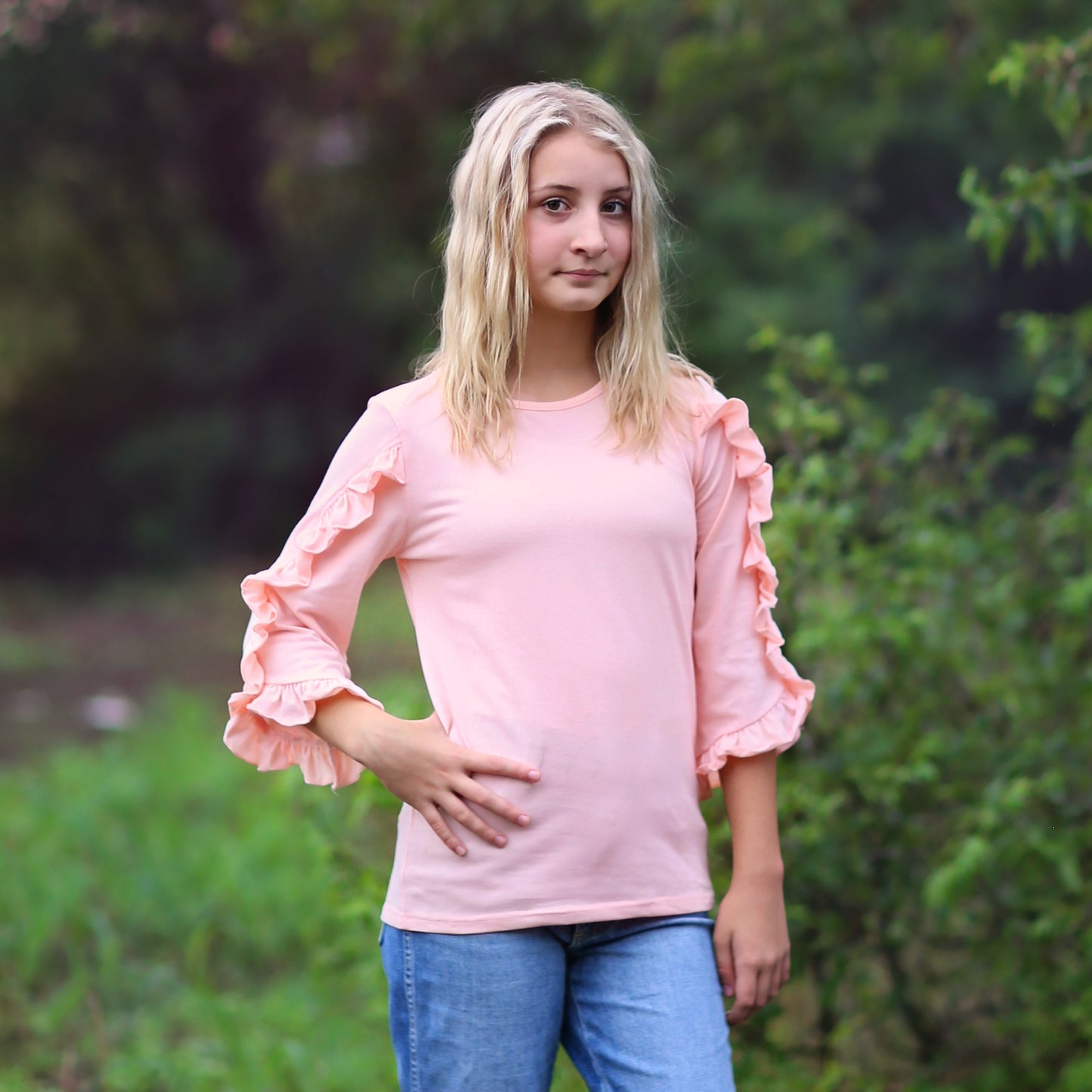 Girls Blush Ruffled Sleeve Shirt - blush shirt, pink shirt, ruffled shirt, girls shirt, school shirt, gift for her, 3/4 sleeve ruffled shirt