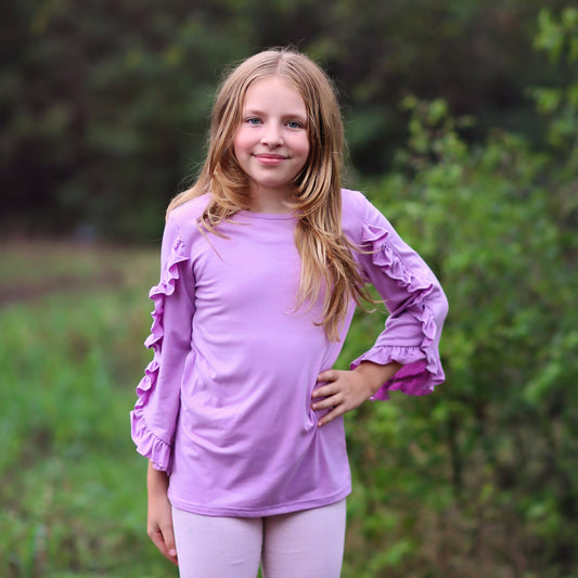 Girls Lavender Ruffled Sleeve Shirt - purple shirt, ruffled shirt, girls shirt, school shirt, gift for her tee, 3/4 sleeve ruffled shirt