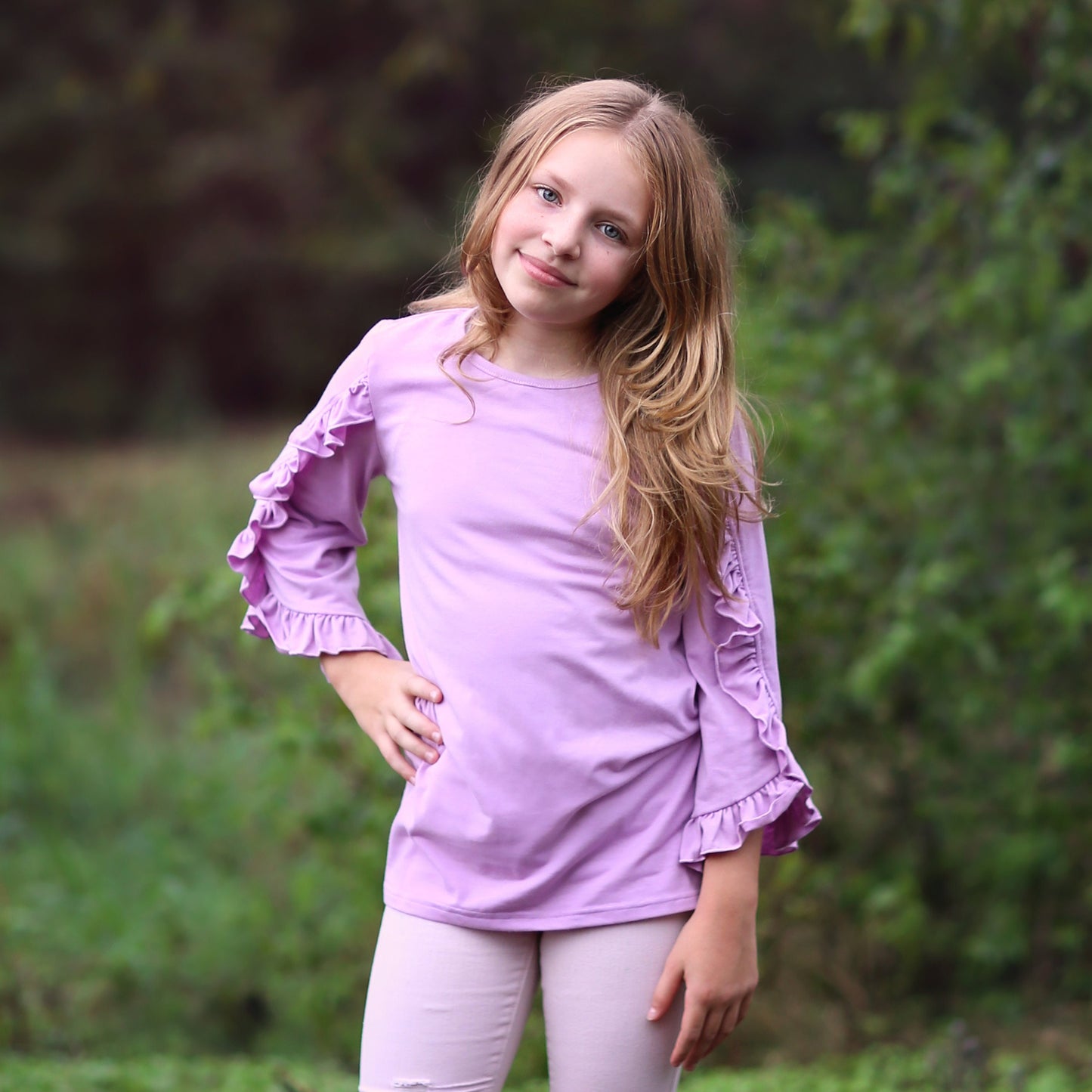 Girls Lavender Ruffled Sleeve Shirt - purple shirt, ruffled shirt, girls shirt, school shirt, gift for her tee, 3/4 sleeve ruffled shirt